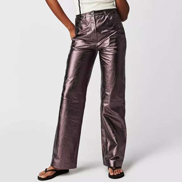 Muubaa x Free People Pewter High Waist Leather Pants 2 NEW - Picture 2 of 13